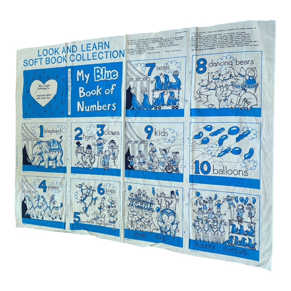 Vintage My Blue Book of Numbers Circus Soft Book Collection‎ Fabric Panel Uncut
